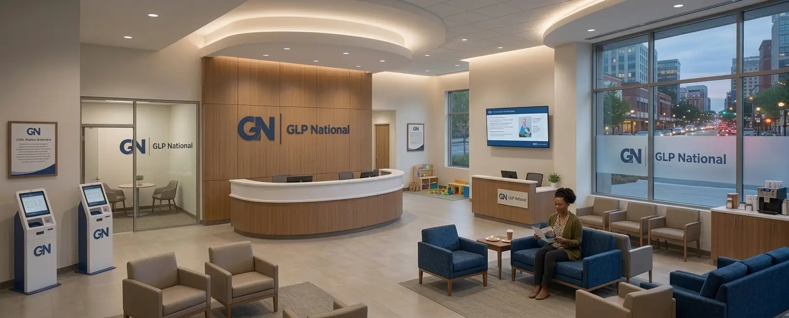 GLP National clinic reception area with a modern waiting room and branded interior.