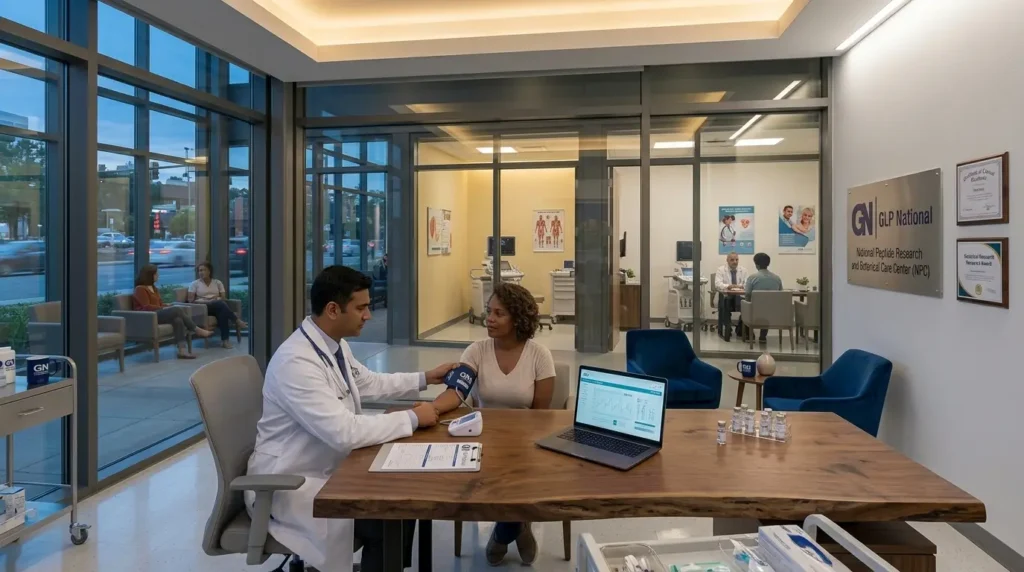 Male doctor checking a female patient's blood pressure at a wooden desk in a modern GLP National clinic room with a laptop showing clinical data.