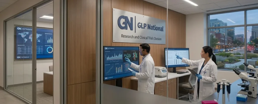 GLP National research and clinical trials laboratory with scientists reviewing medical data.