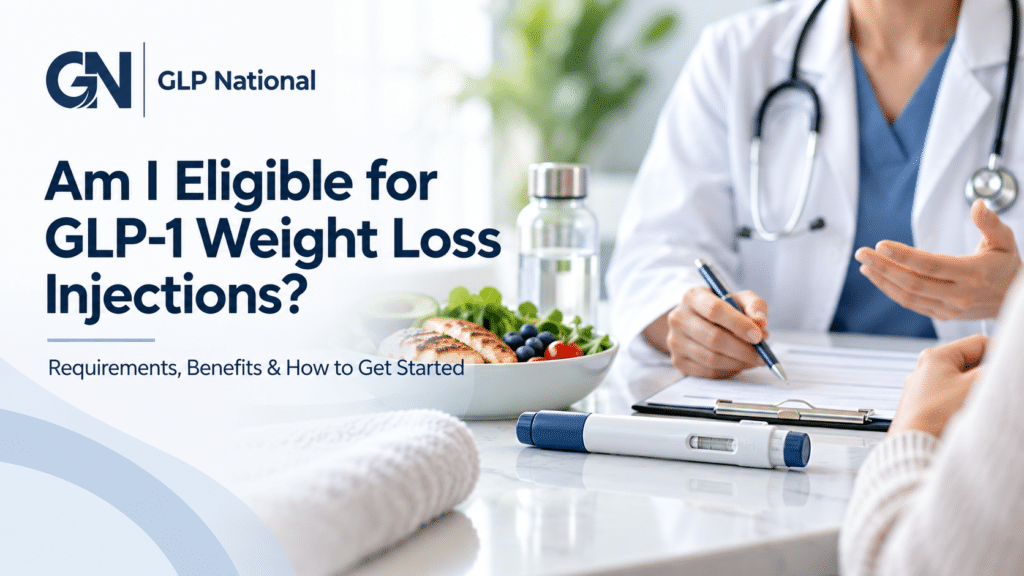GLP National GLP-1 weight loss eligibility guide featuring a medical consultation, injection pen, and healthy meal.